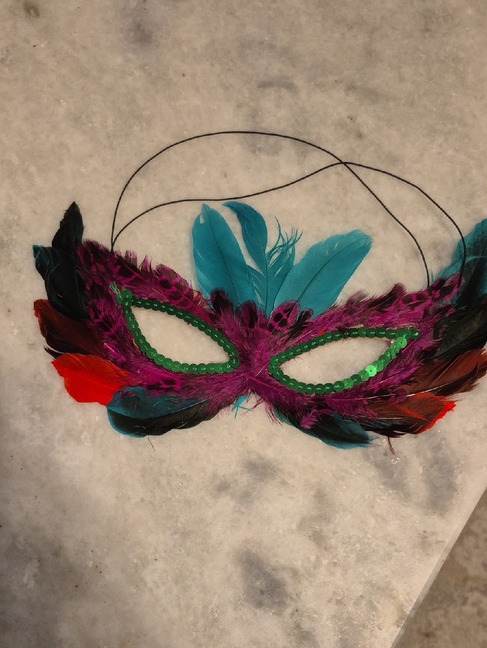 Feathered Eye Mask with Teal, Purple & Red Accents